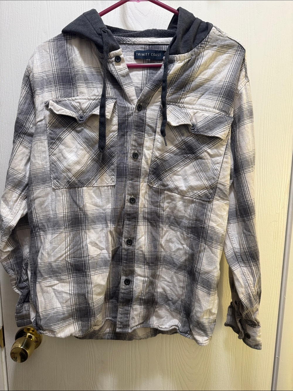 Trinity Hooded Plaid Button-Up Shirt Jacket in Gray and Cream